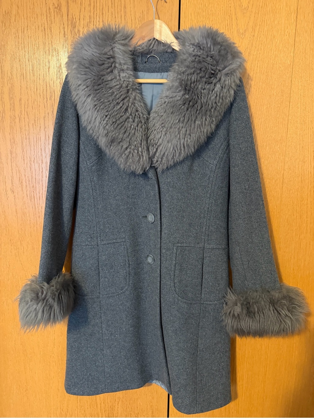 Womens Gray Wool-Blend Coat with Faux Fur Trim